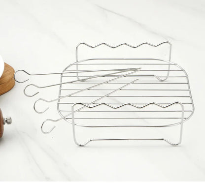 Edelstahl‑Grillrost für Heißluftfritteuse – Mit Spießen, geeignet zum Grillen, Dämpfen & Backen