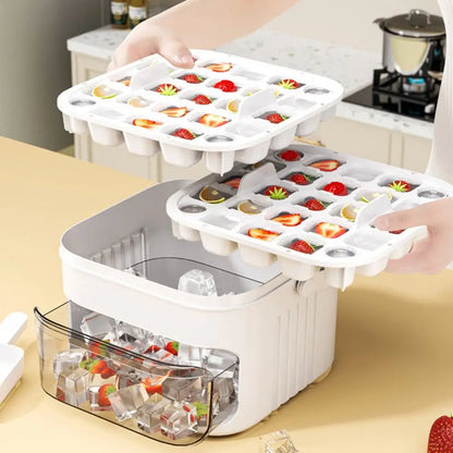 Zweistufige Eiswürfelform mit Drückdeckel – 50 Eiswürfel + Aufbewahrungsbox, lebensmittelecht